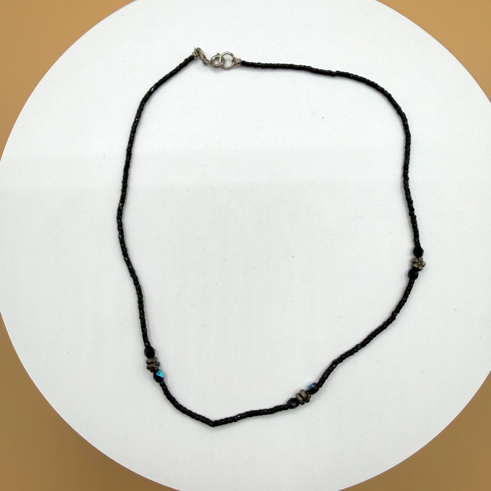 Black Seed Bead Necklace Blue AB Crystal Floral Spacer Minimalist Boho Choker